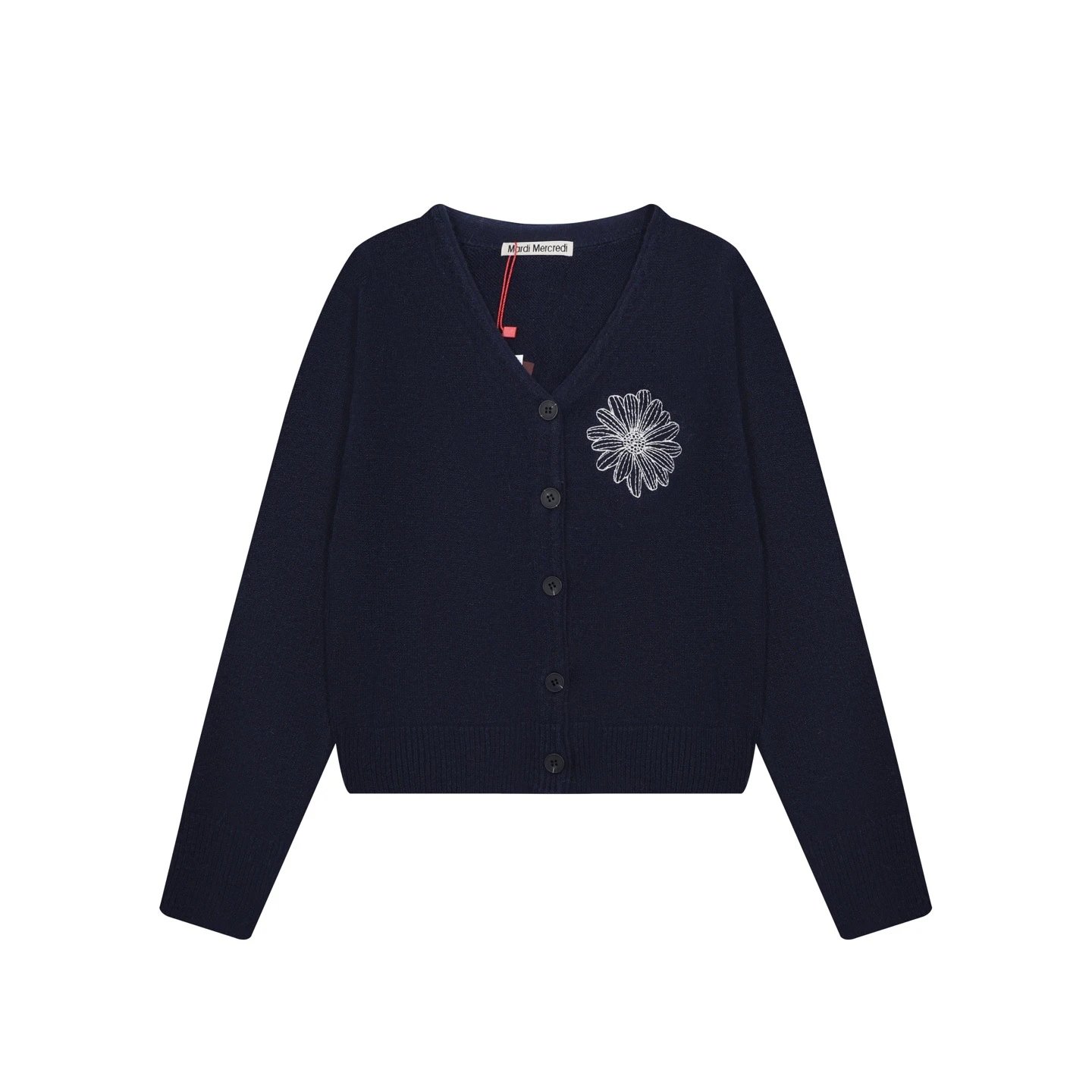 Mardi Mercredi Knitwear Daisy-Embroidered V-Neck Cardigan — Navy Blue
