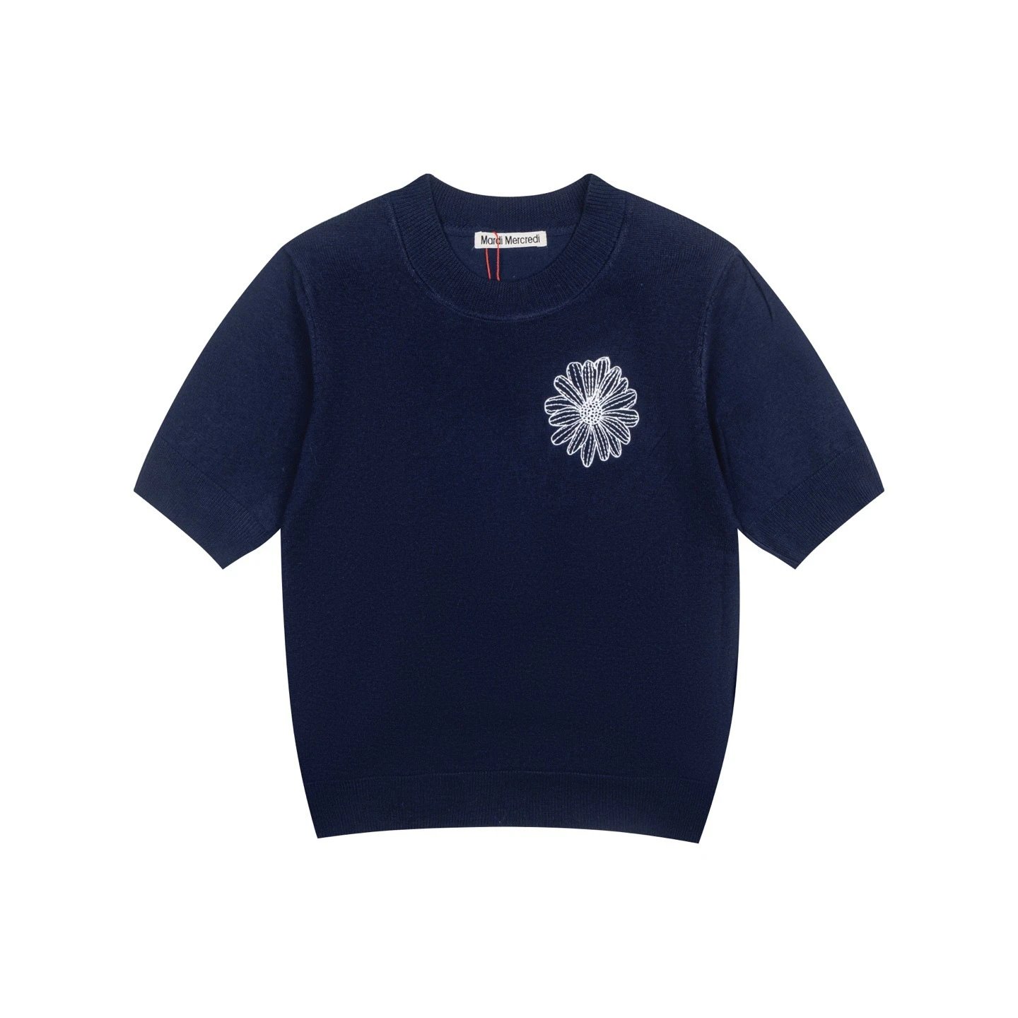 Mardi Mercredi Knitwear Daisy Embroidered Short-Sleeve Knit Top — Navy Blue