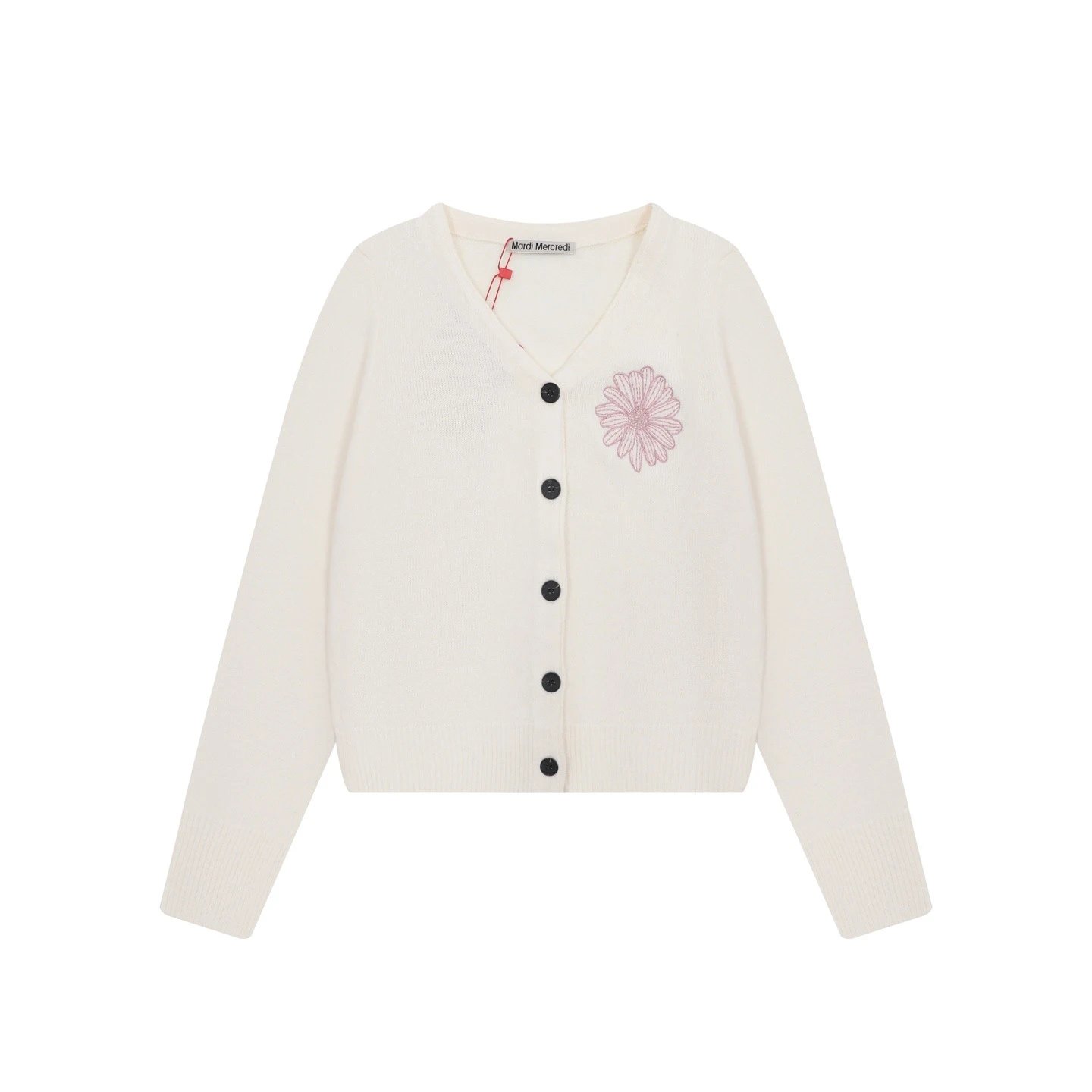 Mardi Mercredi Knitwear Daisy-Embroidered V-Neck Cardigan — White powder