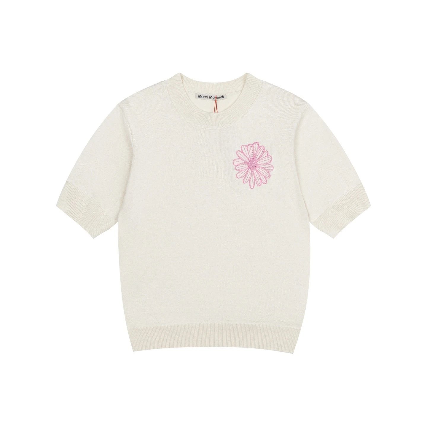 Mardi Mercredi Knitwear Daisy Embroidered Short-Sleeve Knit Top — Apricot powder