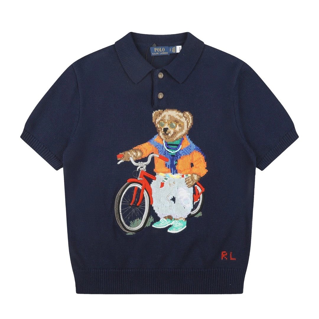 Ralph Lauren Knitwear Bear Embroidered Short-Sleeve Knit Polo — Navy Blue