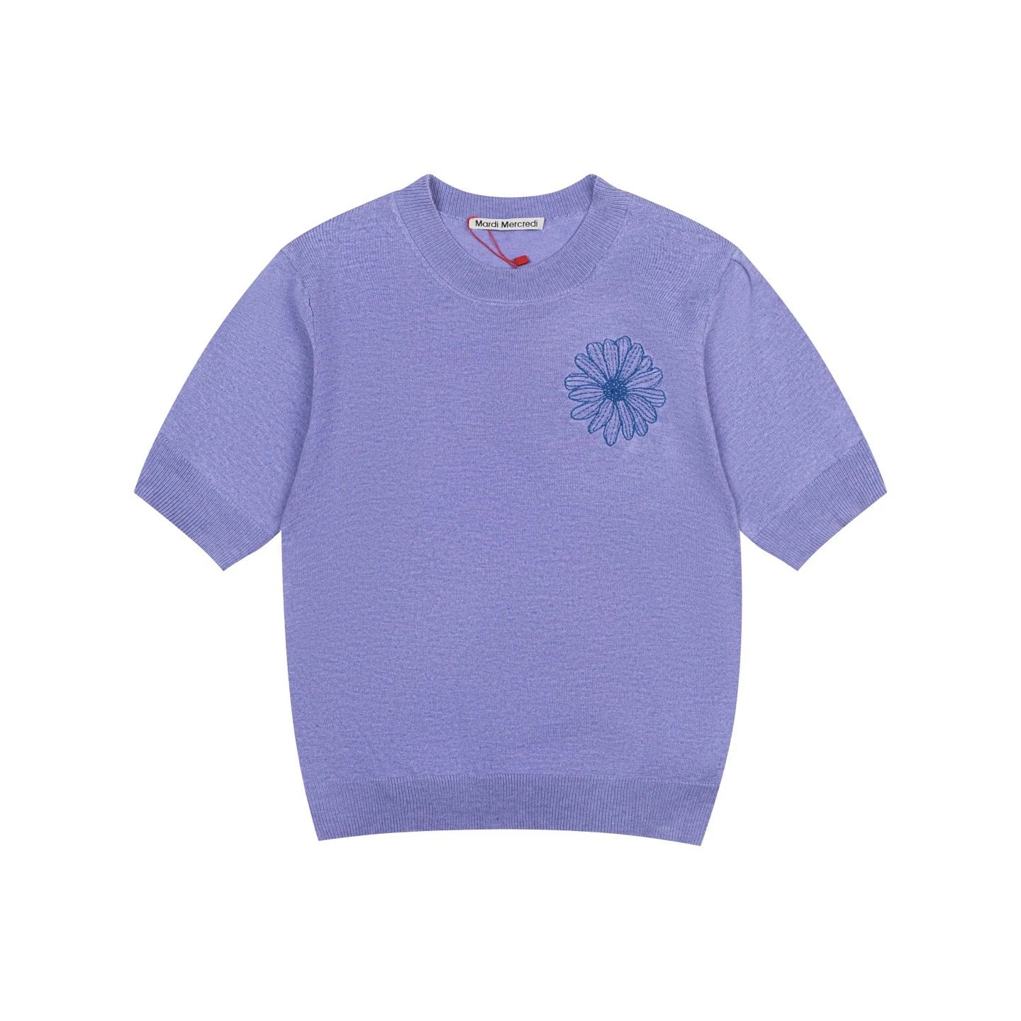 Mardi Mercredi Knitwear Daisy Embroidered Short-Sleeve Knit Top — purple