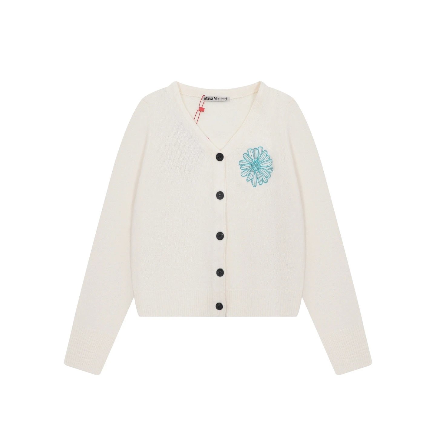 Mardi Mercredi Knitwear Daisy-Embroidered V-Neck Cardigan — White and green