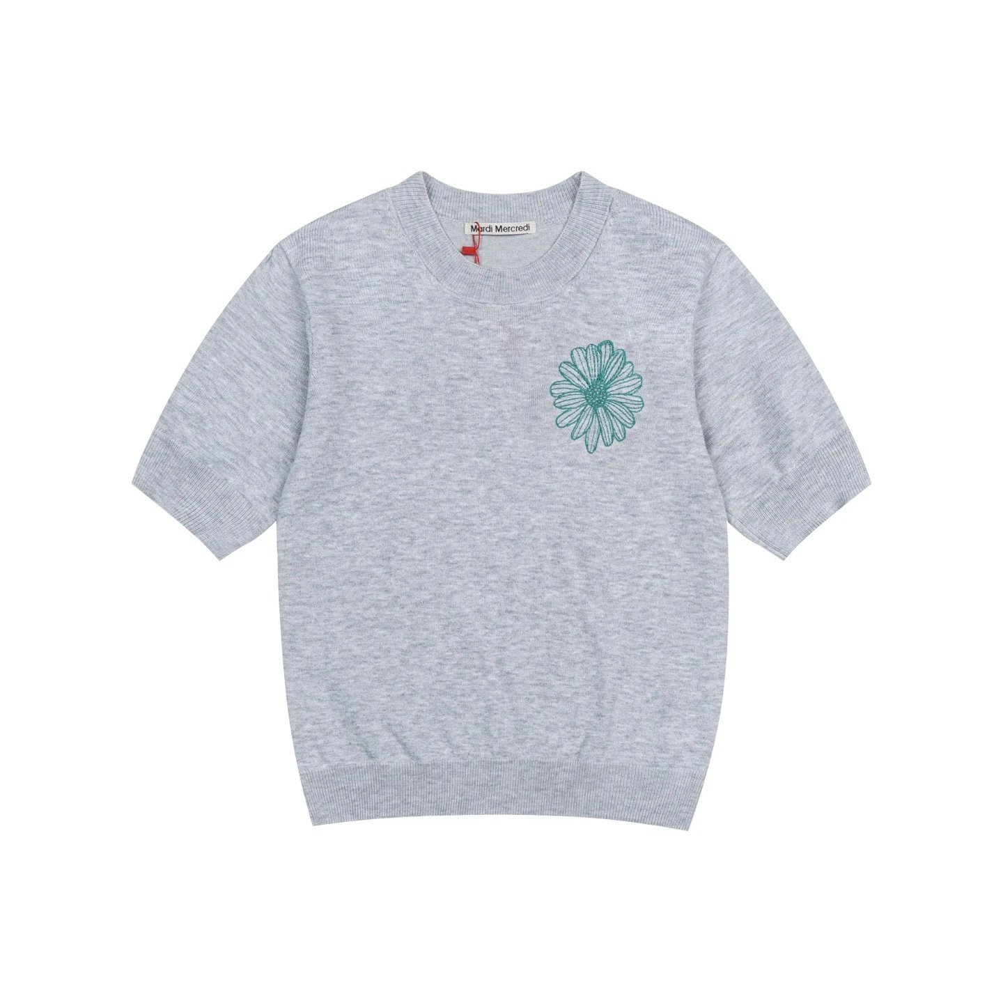 Mardi Mercredi Knitwear Daisy Embroidered Short-Sleeve Knit Top — Light gray