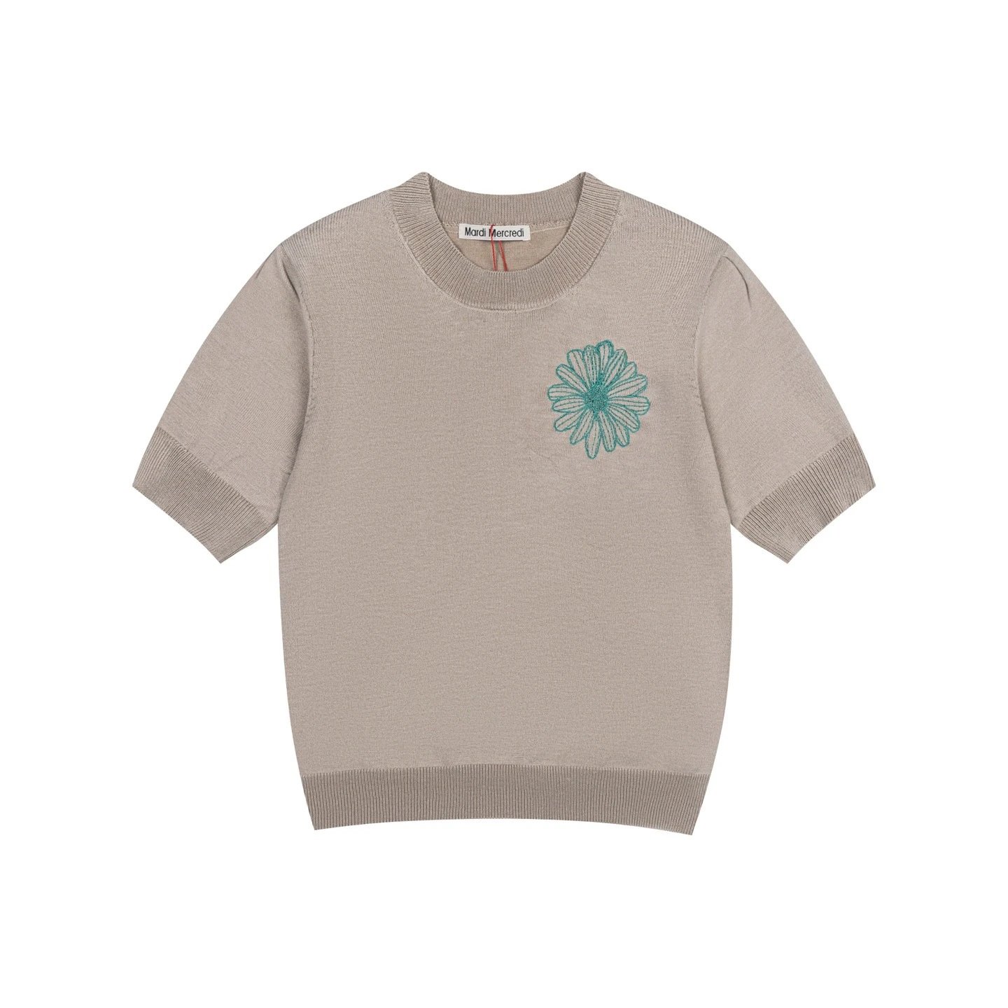 Mardi Mercredi Knitwear Daisy Embroidered Short-Sleeve Knit Top — Camel color