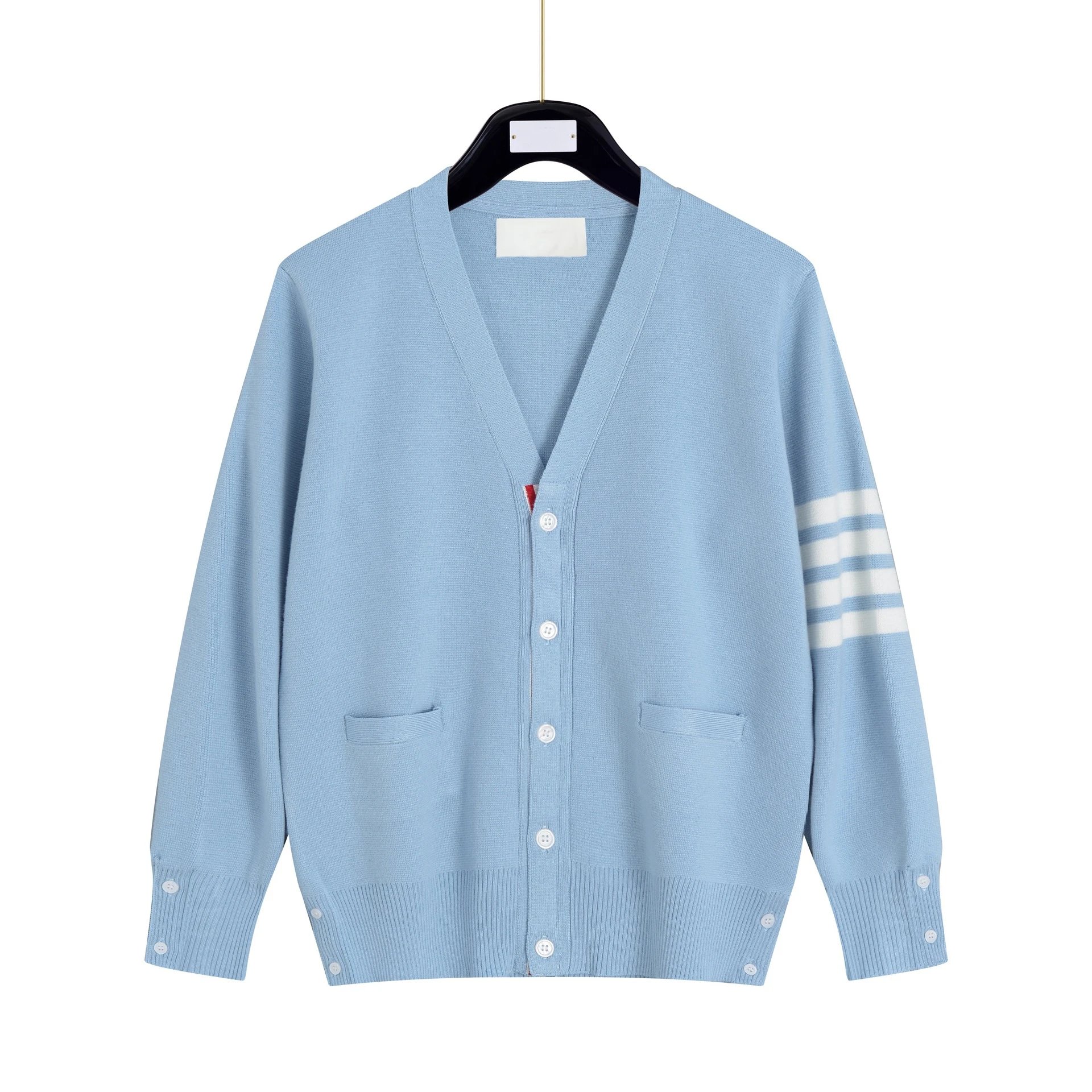 Thom Browne Knitwear V-neck button cardigan with four-stripe sleeve detail — Light blue (fabric revision cotton wool blend)