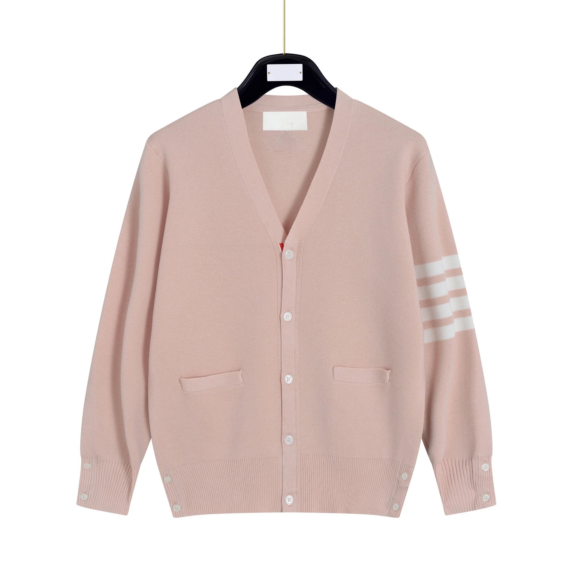 Thom Browne Knitwear V-neck button cardigan with four-stripe sleeve detail — Pink (fabric revision cotton wool blend)