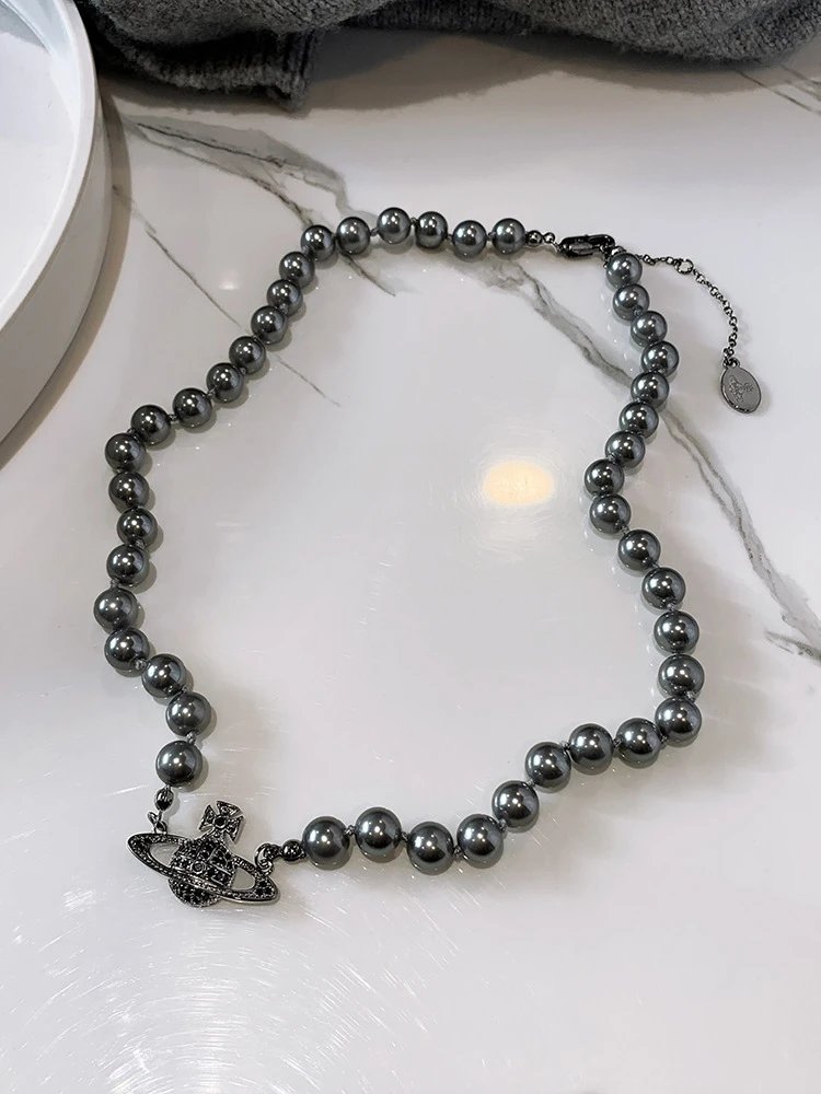 Unbranded Jewelry Orb and Cross Pendant Necklace — Pearl Saturn Necklace (Titanium Black)