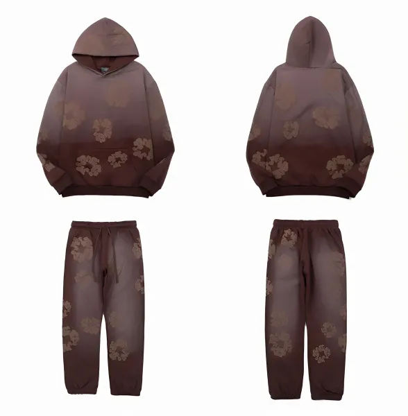 Design Floral Gradient Hoodie and Sweatpants Set Brown - 1