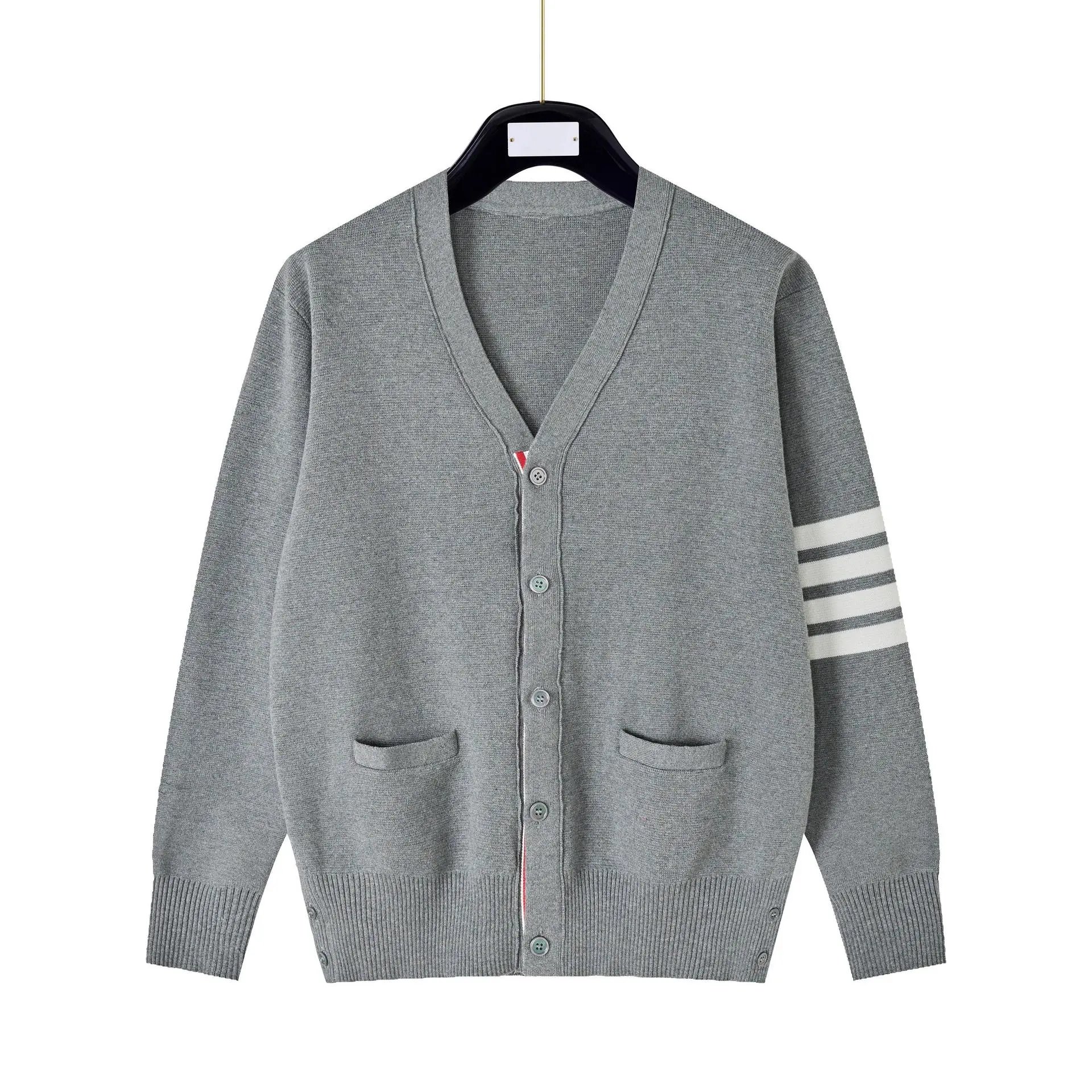 Thom Browne Knitwear V-neck button cardigan with four-stripe sleeve detail — Medium gray (fabric modified cotton and wool blend)