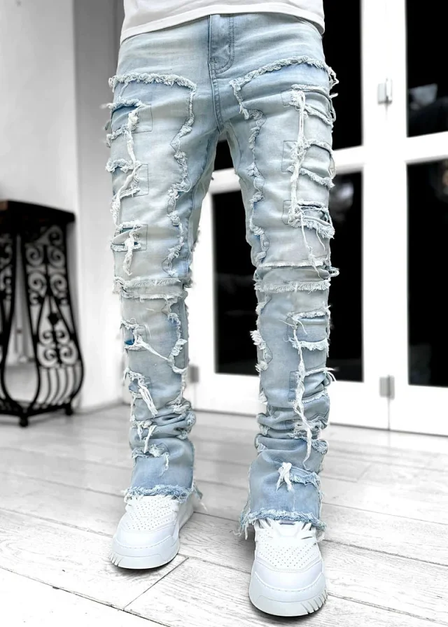Unbranded Jeans Distressed patchwork stacked skinny product detail image 3