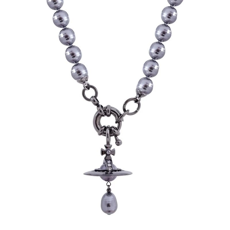 Vivienne Westwood Jewelry Pearl Orb Necklace and Bracelet — Titanium black gray necklace short