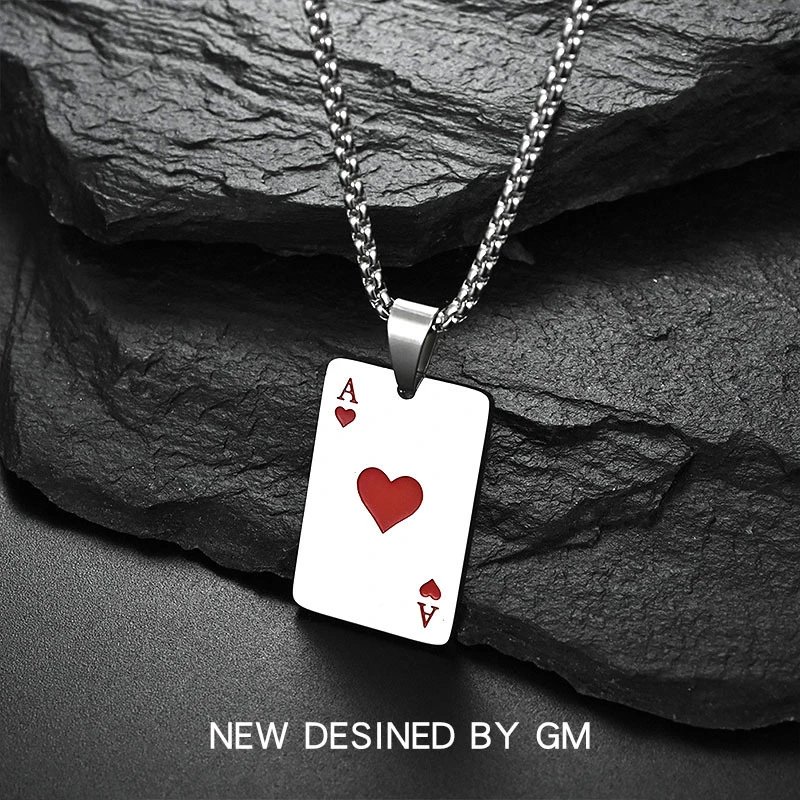 Unbranded Jewelry Ace of Spades and Hearts Playing Card Pendant Necklace — titanium steel red peach A/square pearl 70 cm