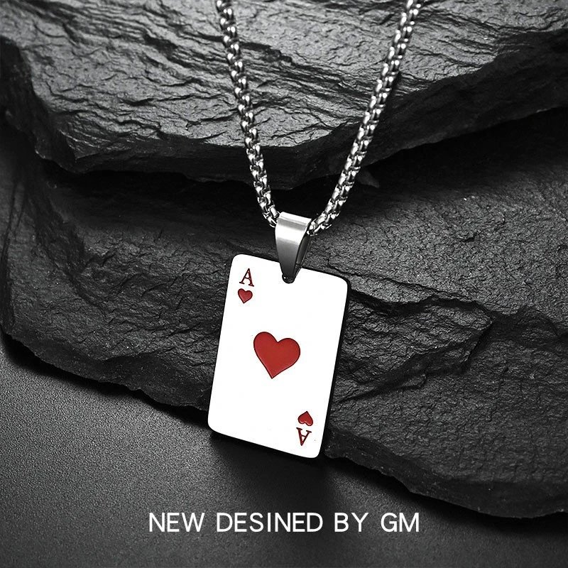 Unbranded Jewelry Ace of Spades and Hearts Playing Card Pendant Necklace — titanium steel red peach A/square pearl 60 cm
