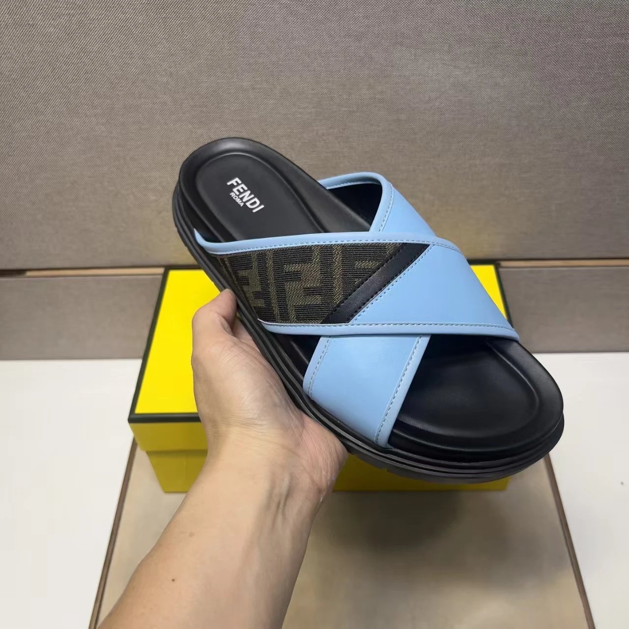 Fendi Slippers Cross-Strap FF Motif Slides — Blue