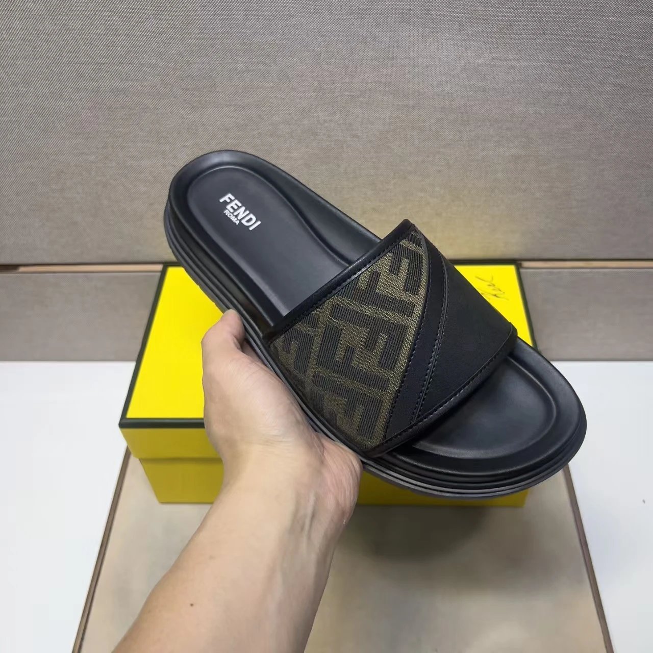 Fendi Slippers Cross-Strap FF Motif Slides — Black Leather Brown Slip Flops