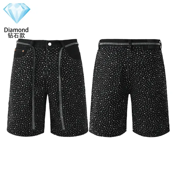 Design Diamond-Embellished Black Denim Shorts - 1