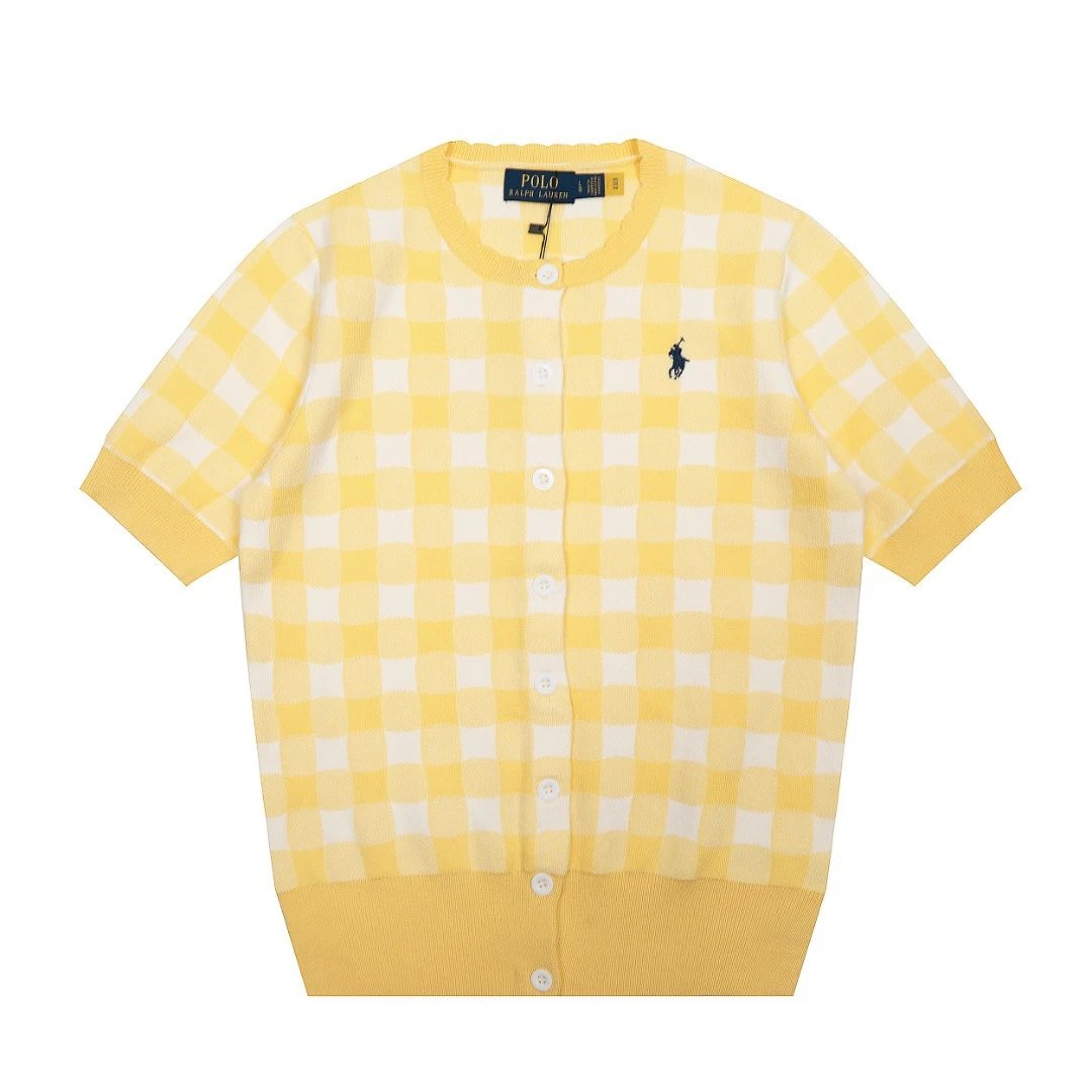 Polo Ralph Lauren Knitwear Short-sleeve gingham knit cardigan with embroidered pony logo — Yellow