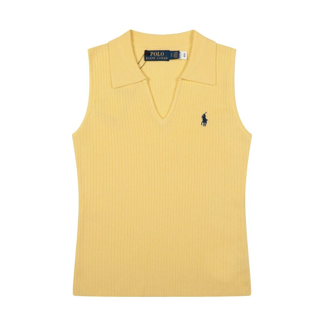 Polo Ralph Lauren Knitwear Rib-Knit Sleeveless Polo-Collar Top — Yellow