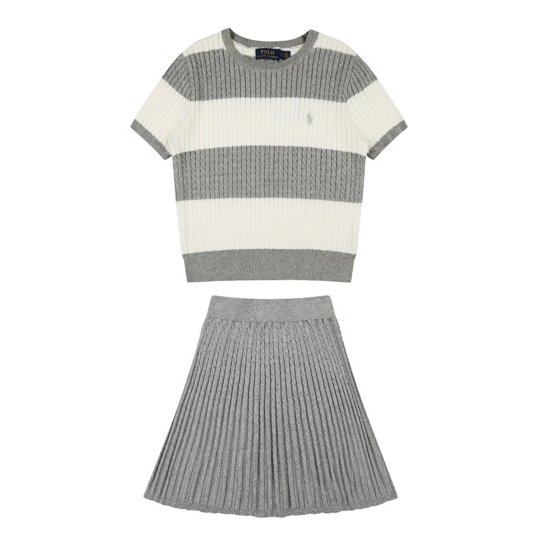 Polo Ralph Lauren Matching Sets Cable-Knit Striped Short-Sleeve Top and Pleated Skirt Set — gray