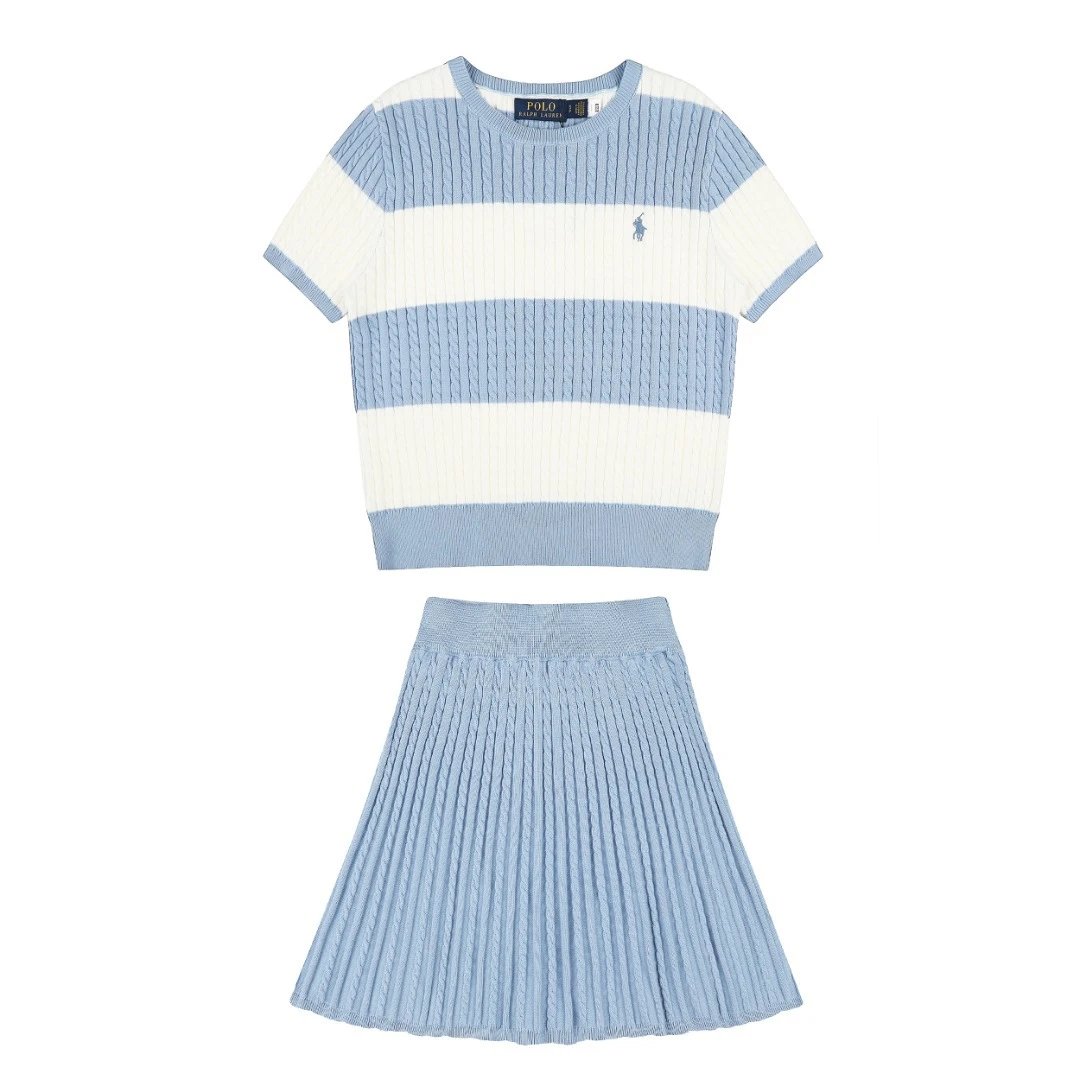 Polo Ralph Lauren Matching Sets Cable-Knit Striped Short-Sleeve Top and Pleated Skirt Set — Light blue
