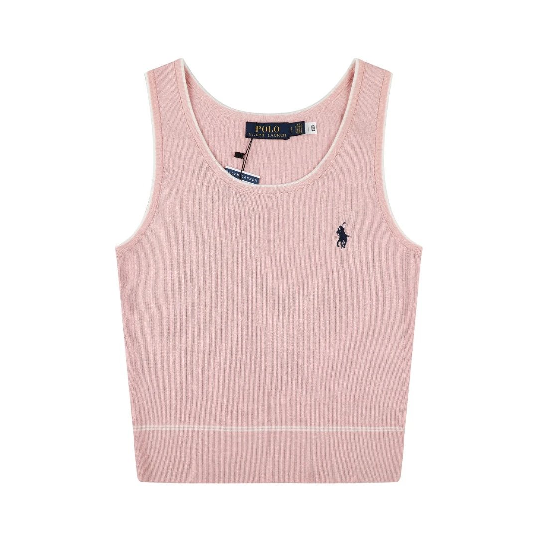 Ralph Lauren Knitwear Rib-Knit Tank Top with Contrast Piping and Embroidered Pony — Pink