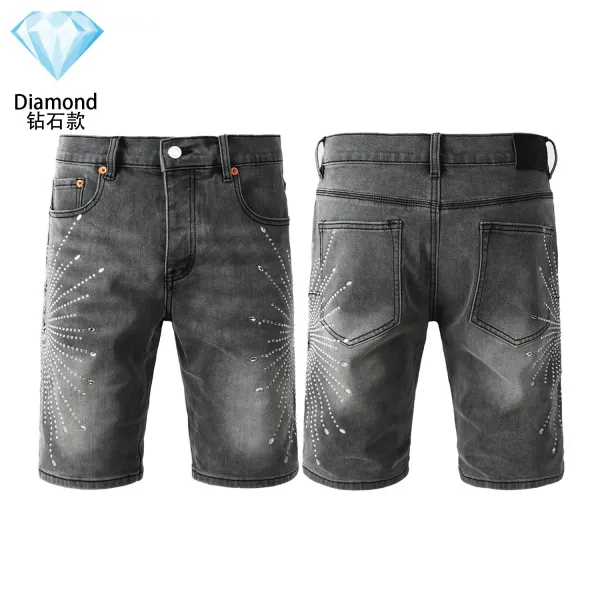 Design Diamond Embellished Gray Denim Shorts - 1