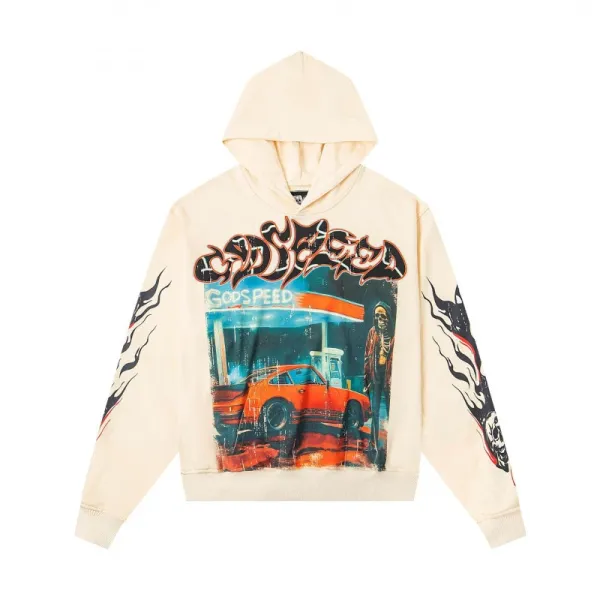 Godspeed x Unknown Artist Graphic Print Beige Cropped Hoodie - 1