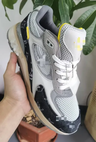 Design Chunky Mesh Sneakers with Denim Print and Yellow Accents - 1