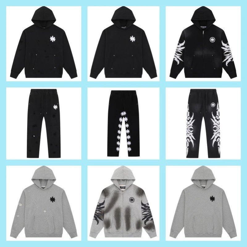 Black and Grey Hoodies with Distressed Details and Matching Pants Set