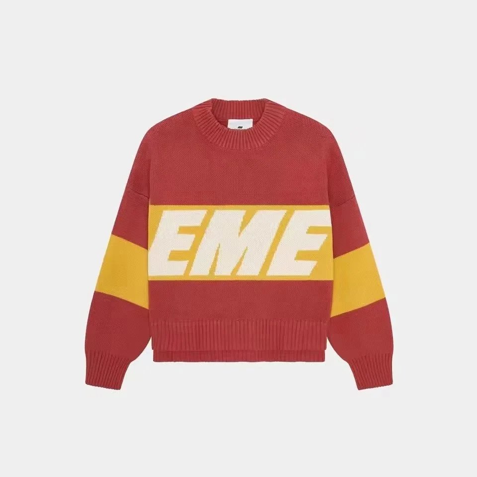 EMZE Knitwear Zip-Up Mock-Neck Logo Knit Cardigan — Red and yellow knitwear