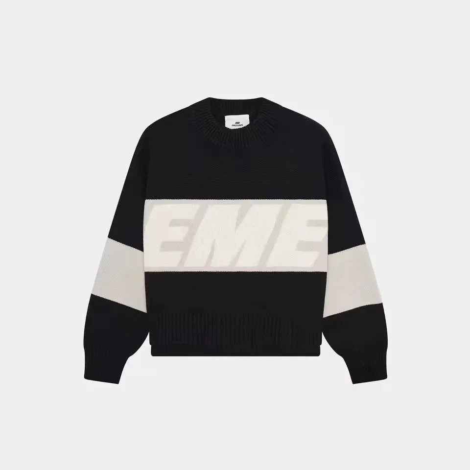 EMZE Knitwear Zip-Up Mock-Neck Logo Knit Cardigan — Black and white knit