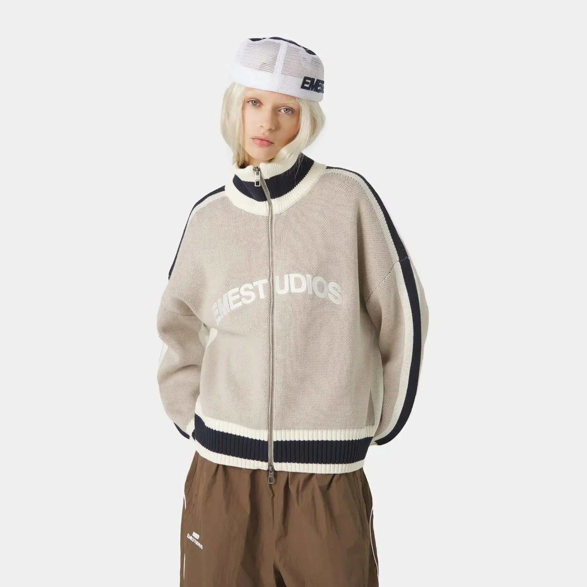 EMZE Knitwear Zip-Up Mock-Neck Logo Knit Cardigan — White Apricot Lapel Coat
