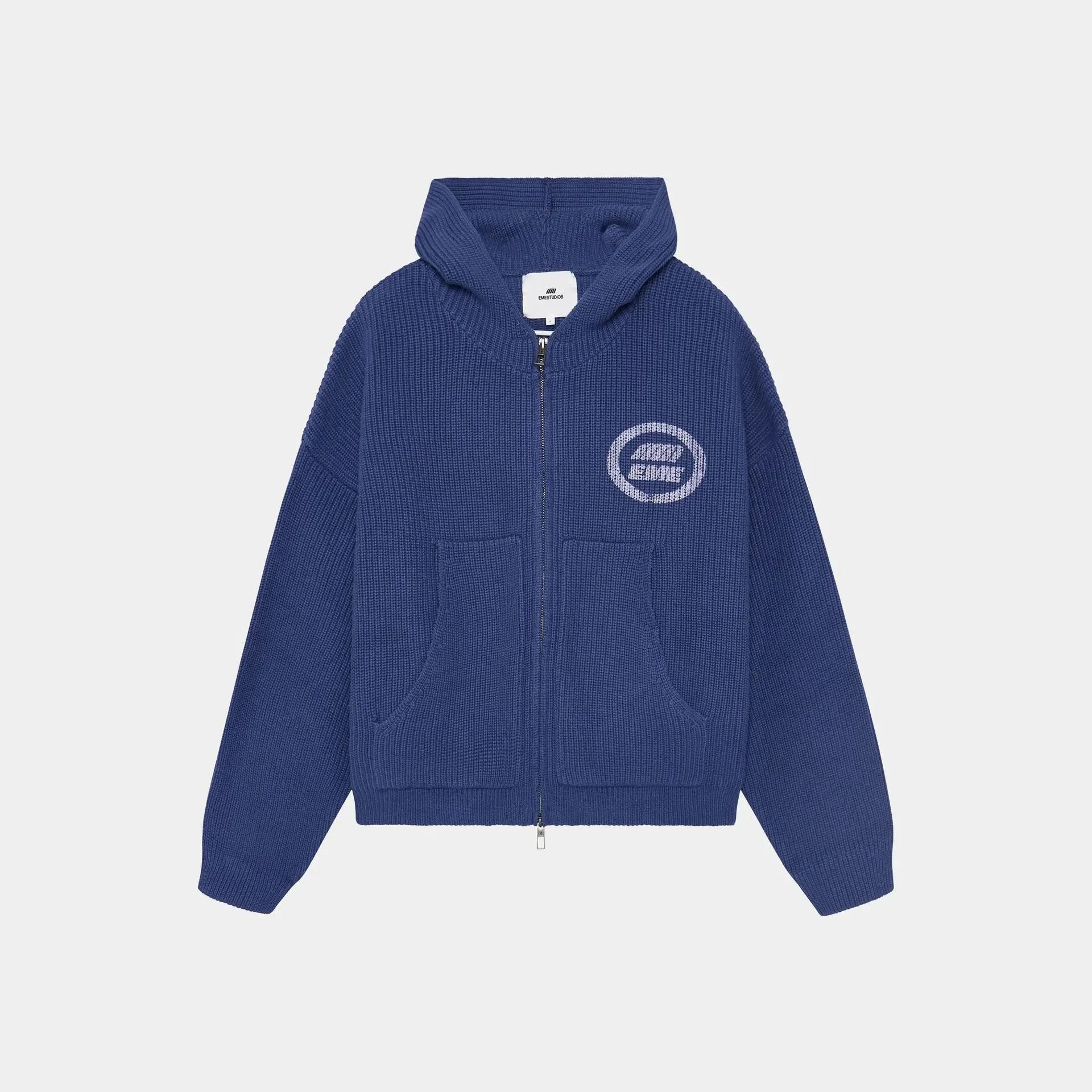 EMZE Knitwear Zip-Up Mock-Neck Logo Knit Cardigan — Blue hoodie