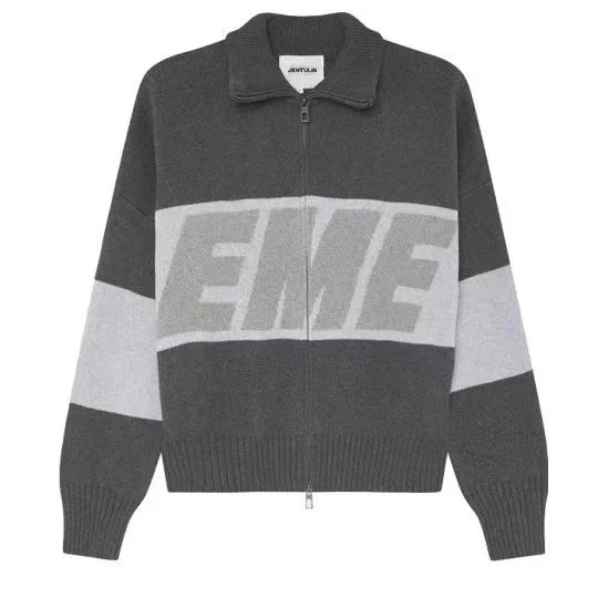 EMZE Knitwear Zip-Up Mock-Neck Logo Knit Cardigan — Off-white knit