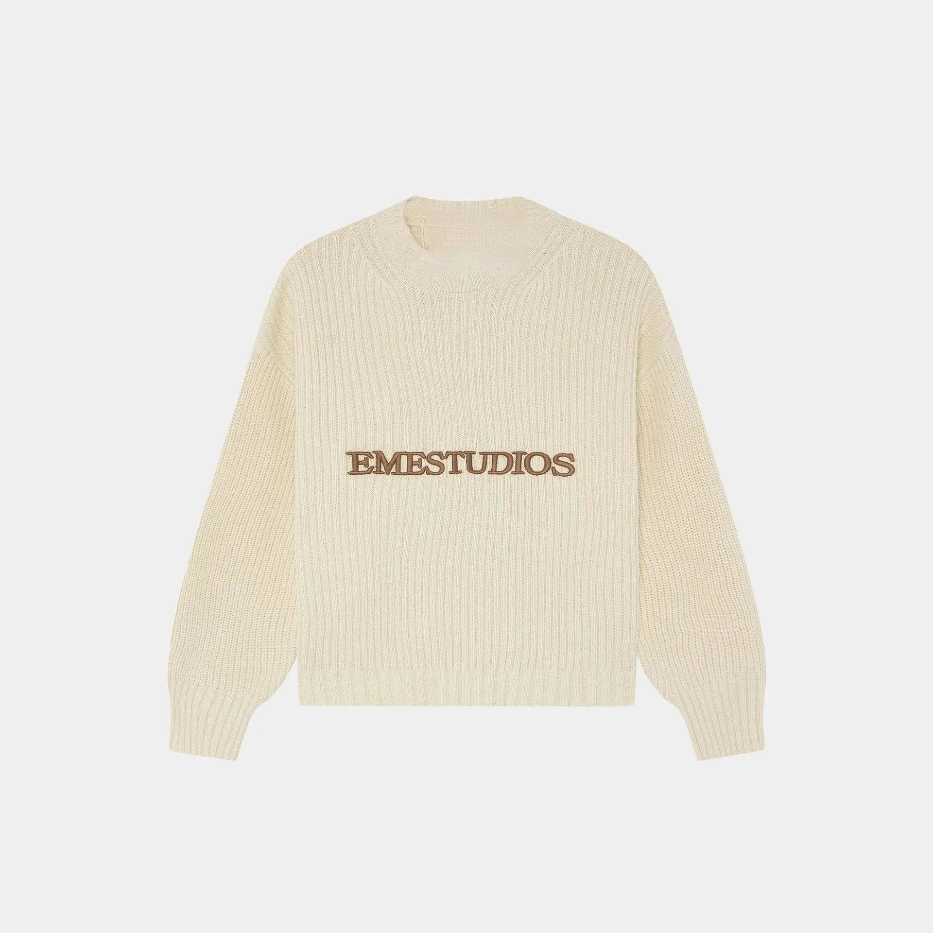 EMZE Knitwear Zip-Up Mock-Neck Logo Knit Cardigan — Beige knit