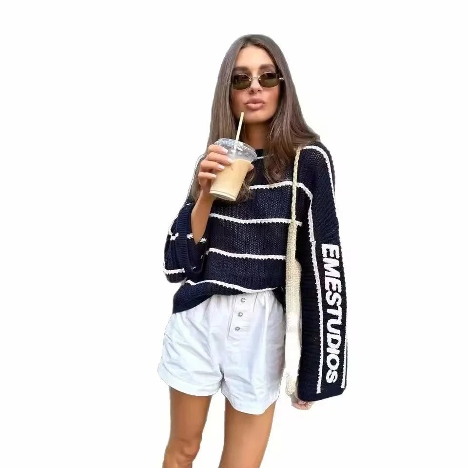 EMZE Knitwear Zip-Up Mock-Neck Logo Knit Cardigan — Blue and white striped sweater