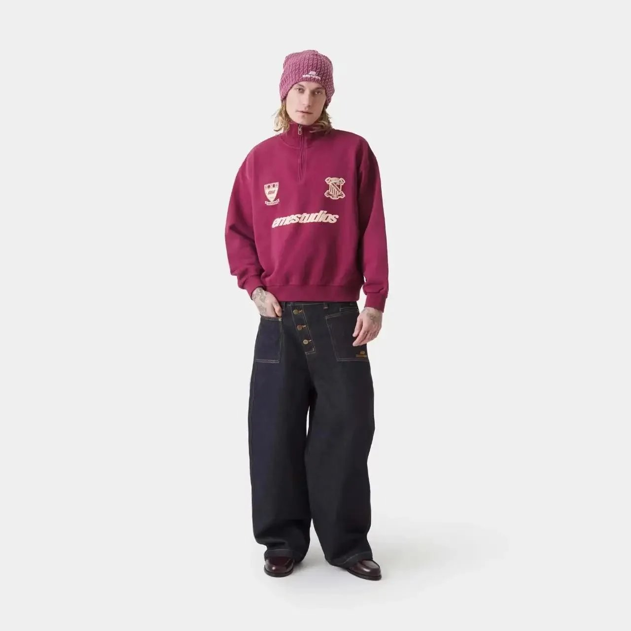 EMZE Knitwear Zip-Up Mock-Neck Logo Knit Cardigan — Rose-red zip-up hoodie with a collar