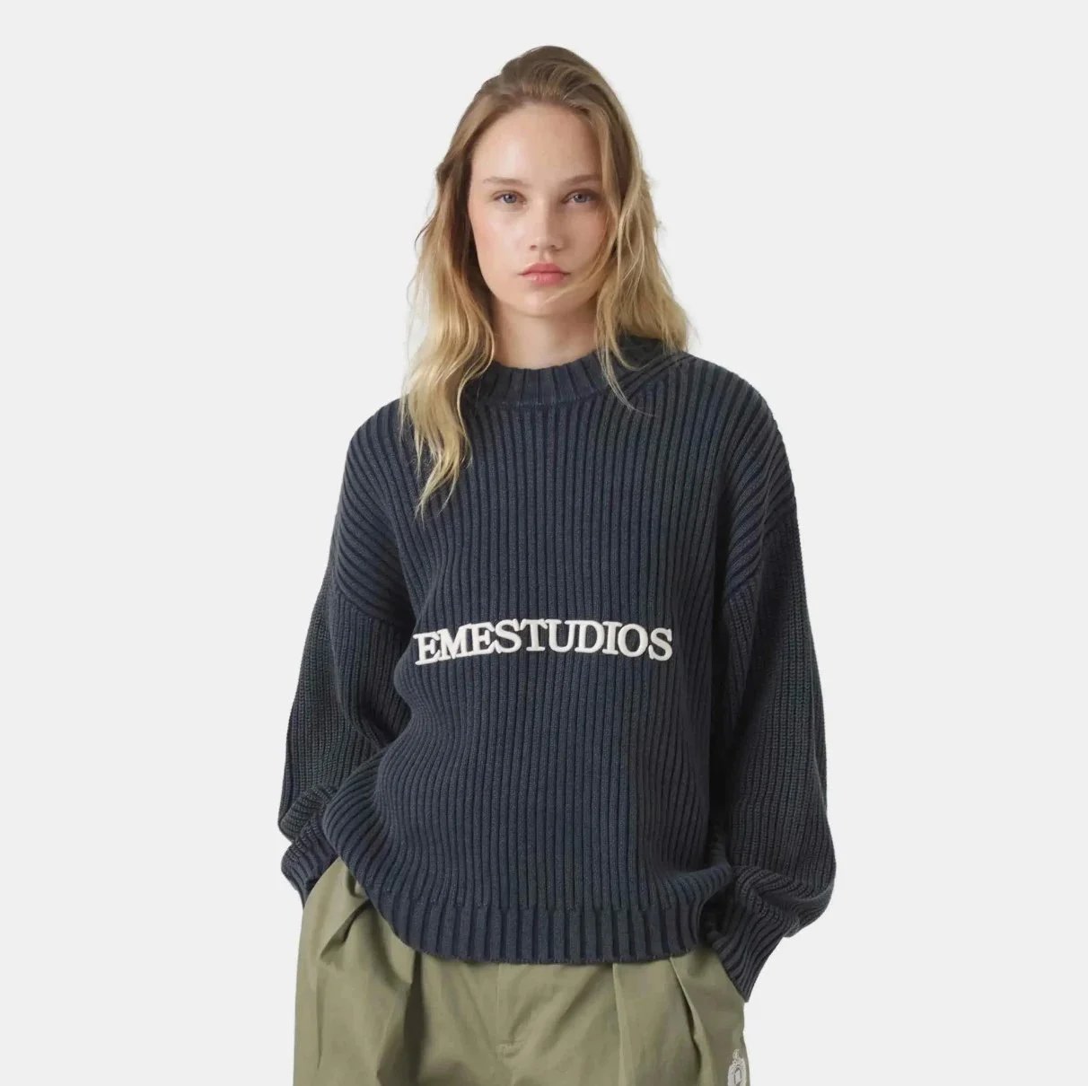 EMZE Knitwear Zip-Up Mock-Neck Logo Knit Cardigan — blue knitted