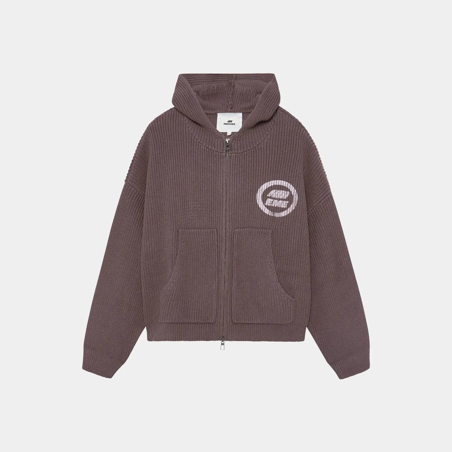 EMZE Knitwear Zip-Up Mock-Neck Logo Knit Cardigan — Brown hooded