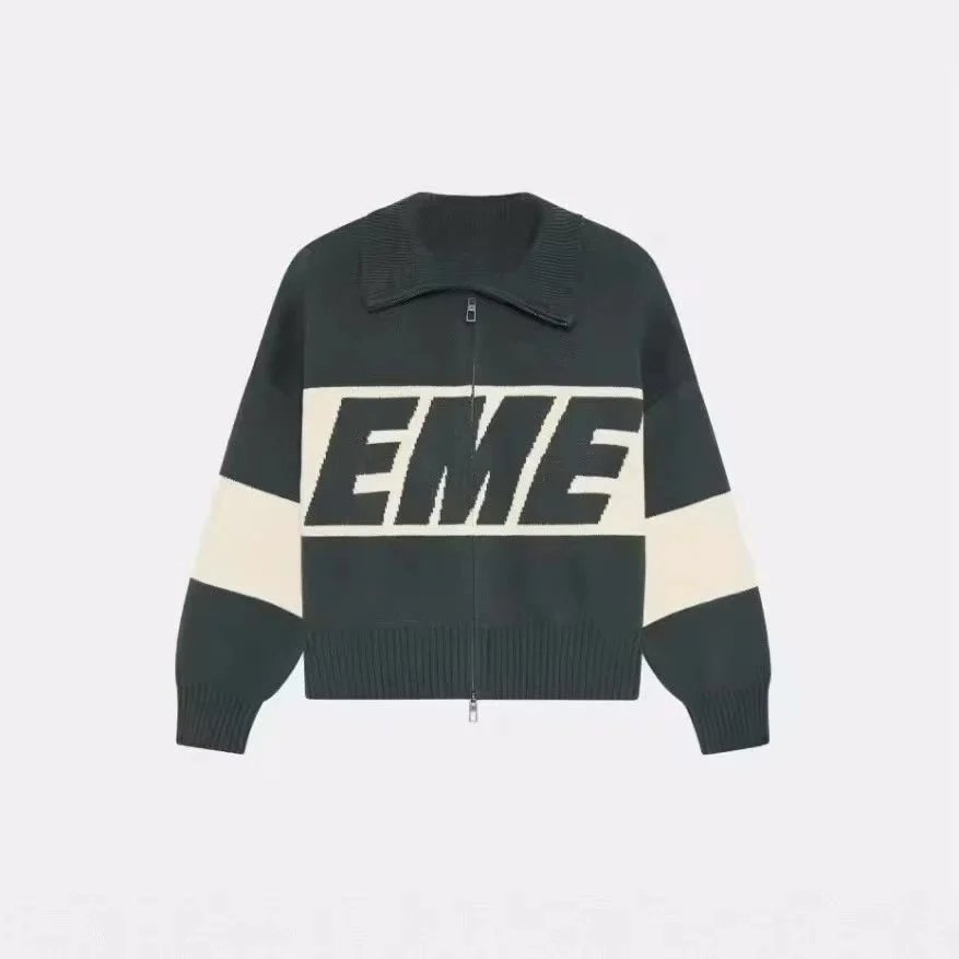 EMZE Knitwear Zip-Up Mock-Neck Logo Knit Cardigan — Olive Green Knit