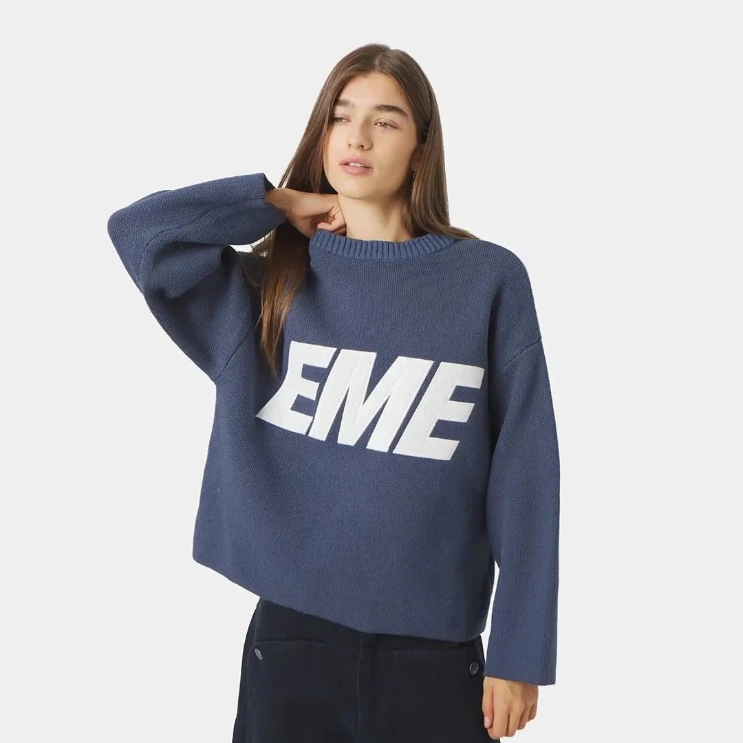 EMZE Knitwear Zip-Up Mock-Neck Logo Knit Cardigan — blue and white knitted