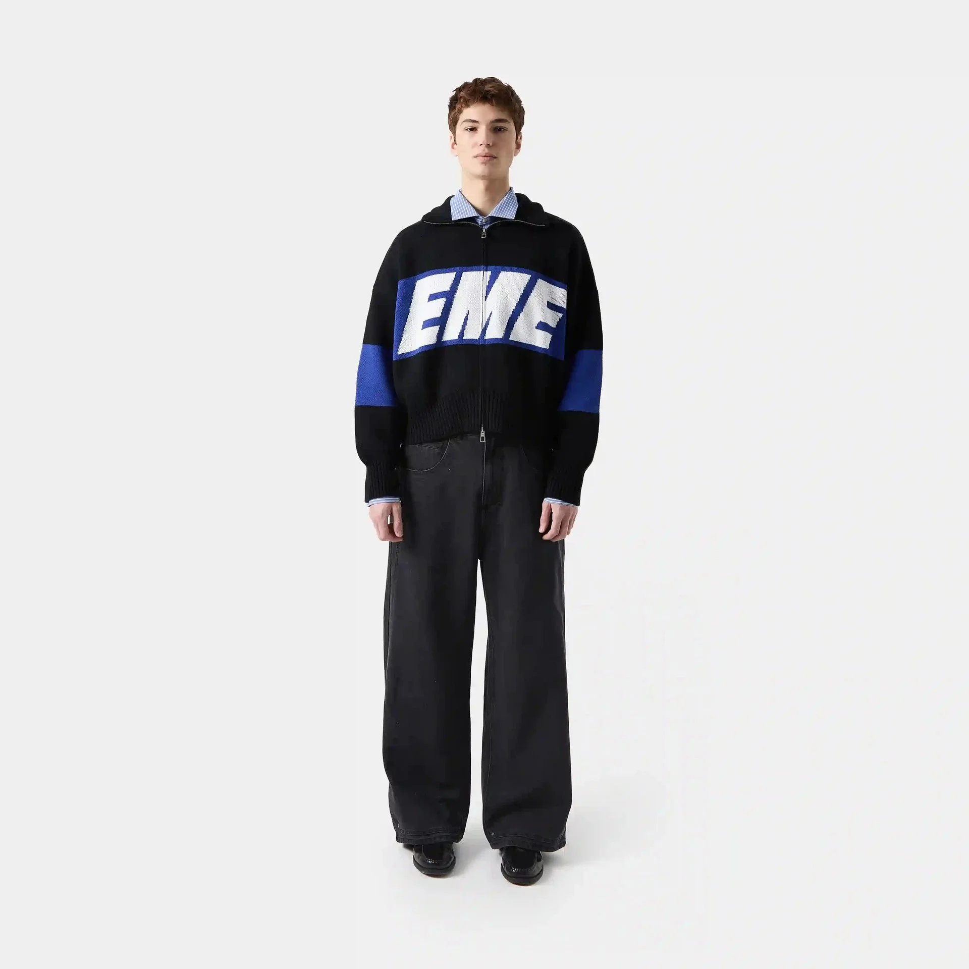 EMZE Knitwear Zip-Up Mock-Neck Logo Knit Cardigan — dark black blue knit