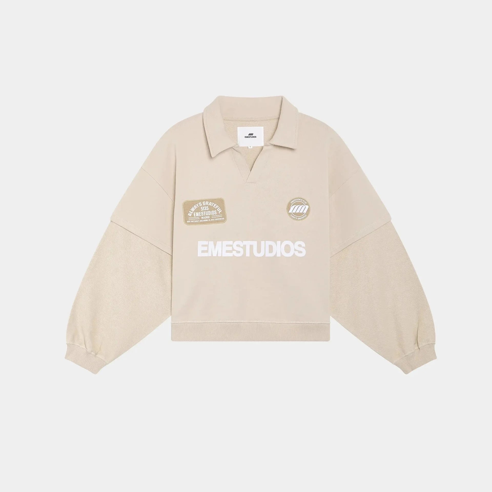 EMZE Knitwear Zip-Up Mock-Neck Logo Knit Cardigan — rice white lapel
