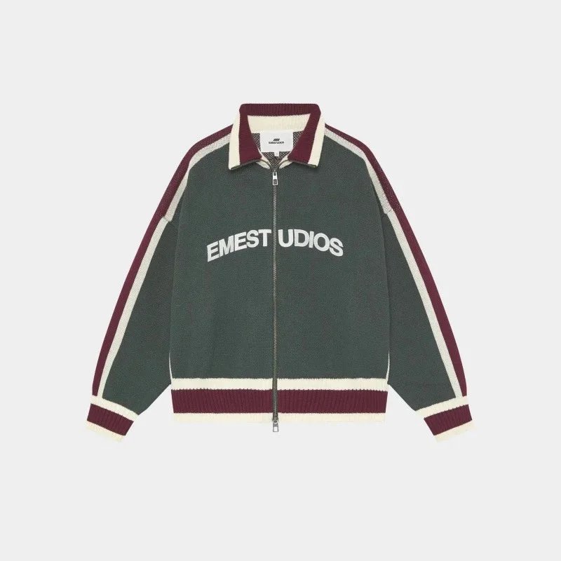 EMZE Knitwear Zip-Up Mock-Neck Logo Knit Cardigan — Red gray green striped lapel coat