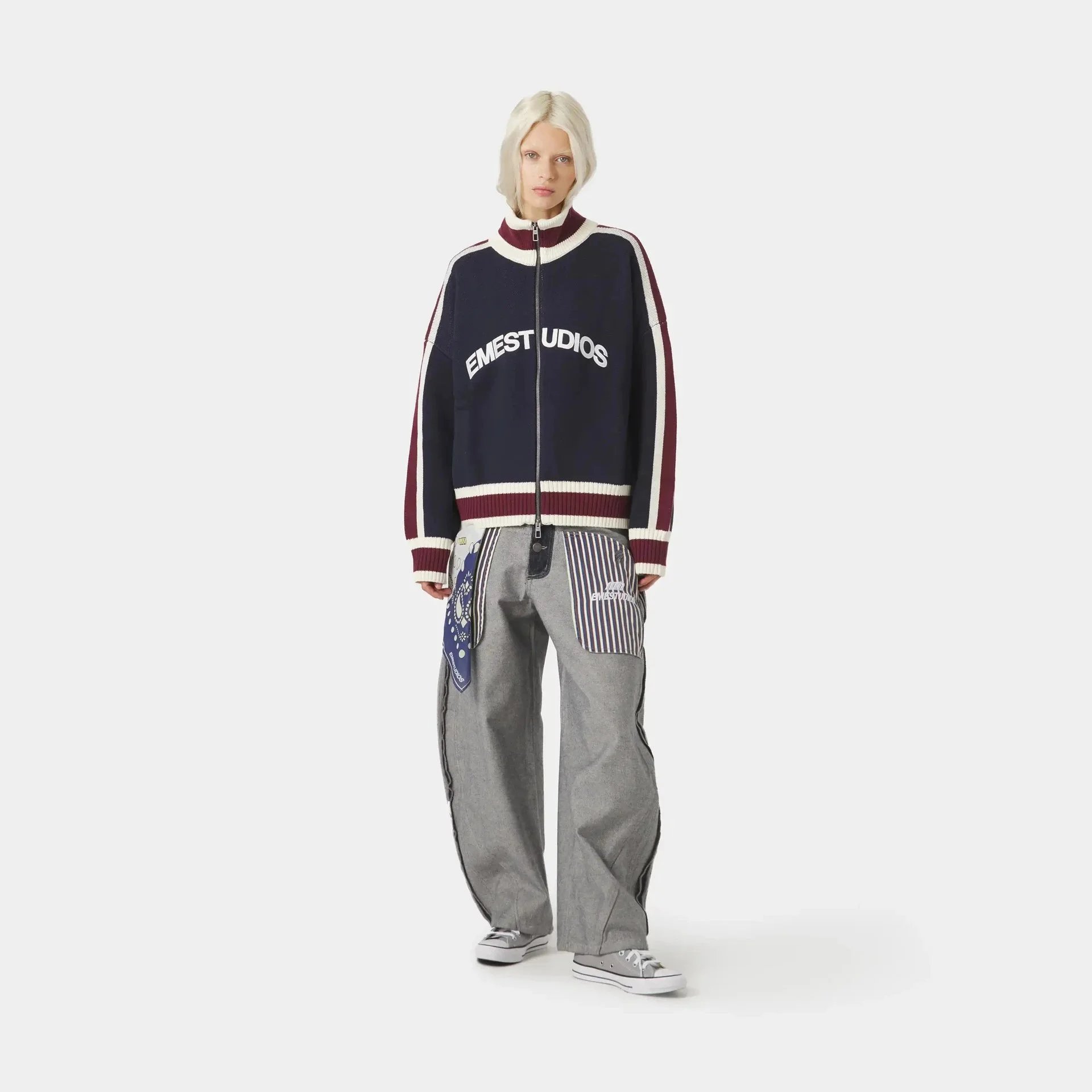 EMZE Knitwear Zip-Up Mock-Neck Logo Knit Cardigan — navy blue lapel coat