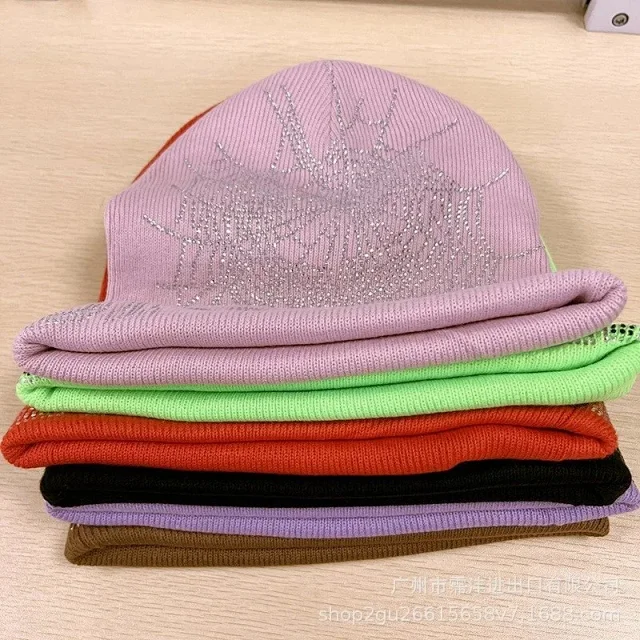 Unbranded Hats Rhinestone Spiderweb Cuffed Knit Beanie product detail image 2