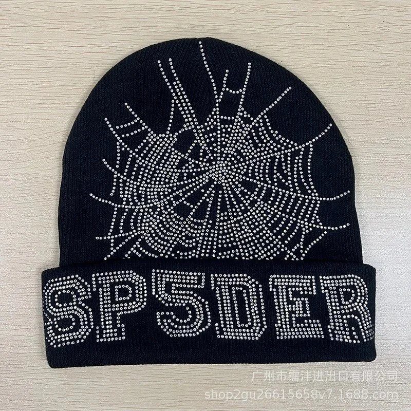 Unbranded Hats Rhinestone Spiderweb Cuffed Knit Beanie — Black