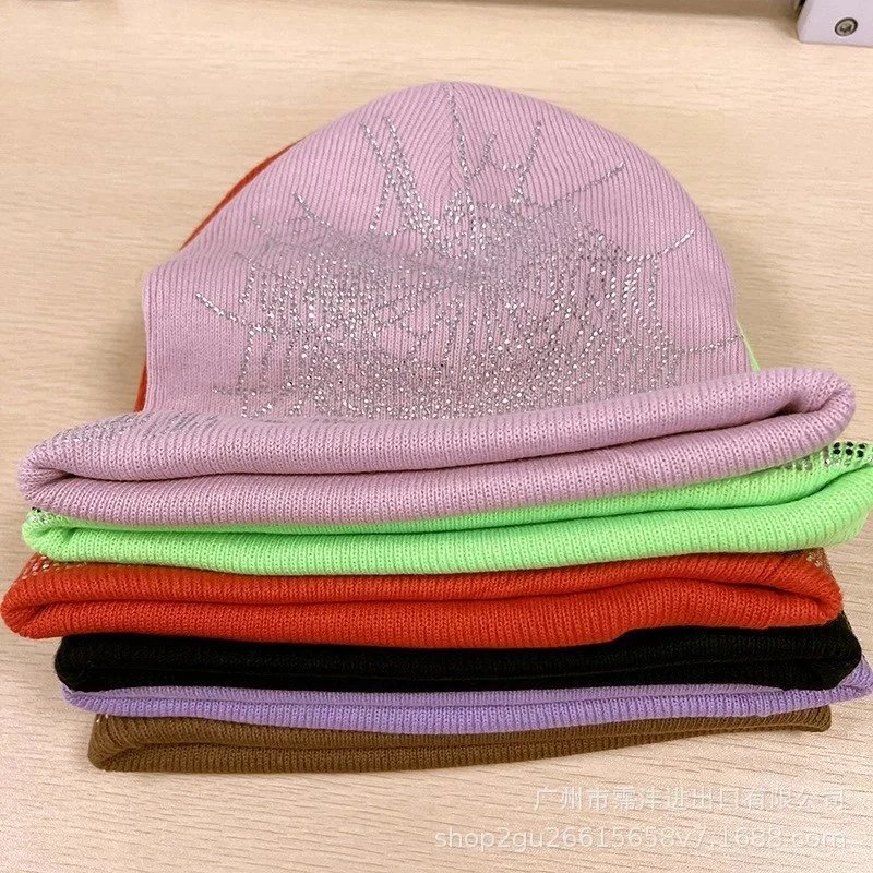 Unbranded Hats Rhinestone Spiderweb Cuffed Knit Beanie — Pink