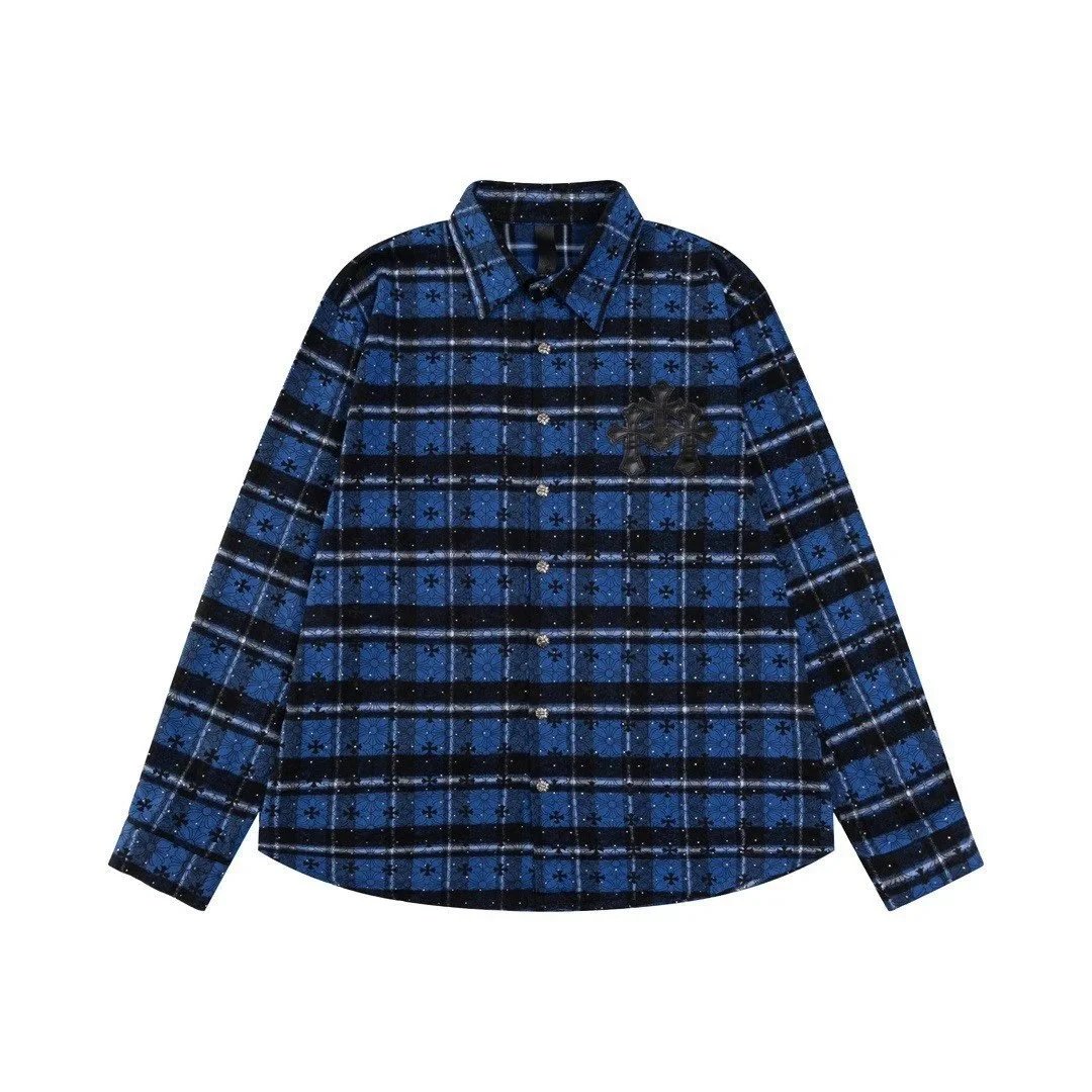Chrome Hearts Shirts Long-Sleeve Plaid and Cross-Motif Button-Up Shirt — 120 blue